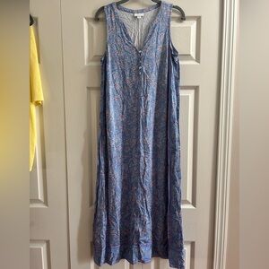 J Jill Dress Size XS Blue Pink Paisley Long Shift Dress Pockets Buttons V-Neck